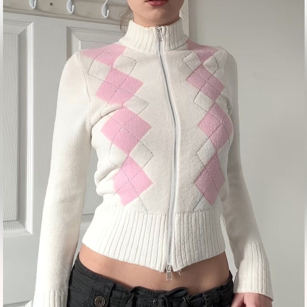 White and Pastel Pink Argyle Zip-Up Sweater Long sleeve soft girl coquette - Picture 1 of 11